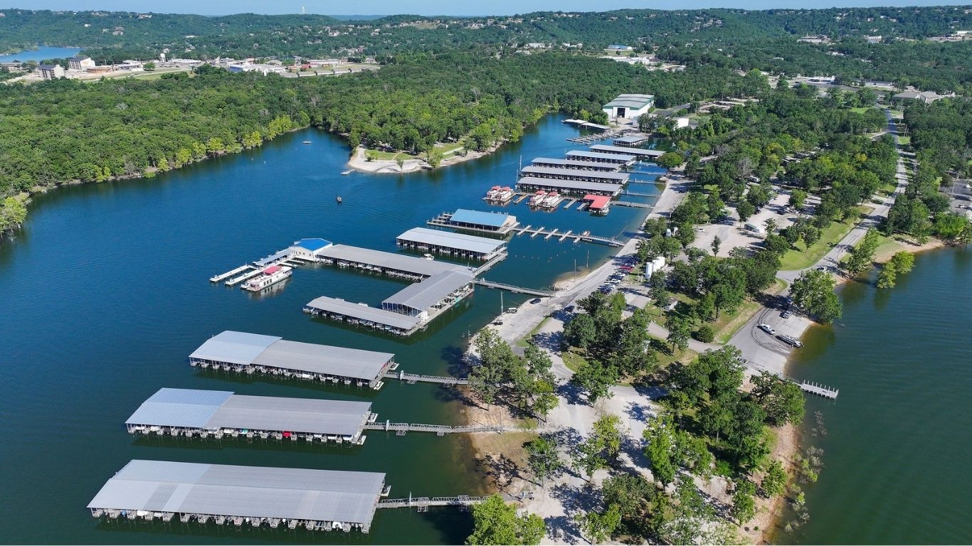 Aerial view of What’s Up Dock at Port of Kimberling Marina