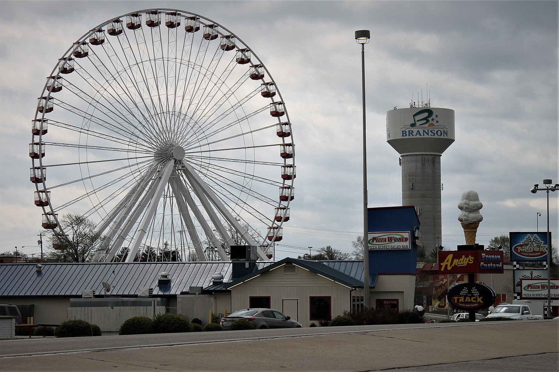 Branson entertainment lights and the Ferris wheel after sunset