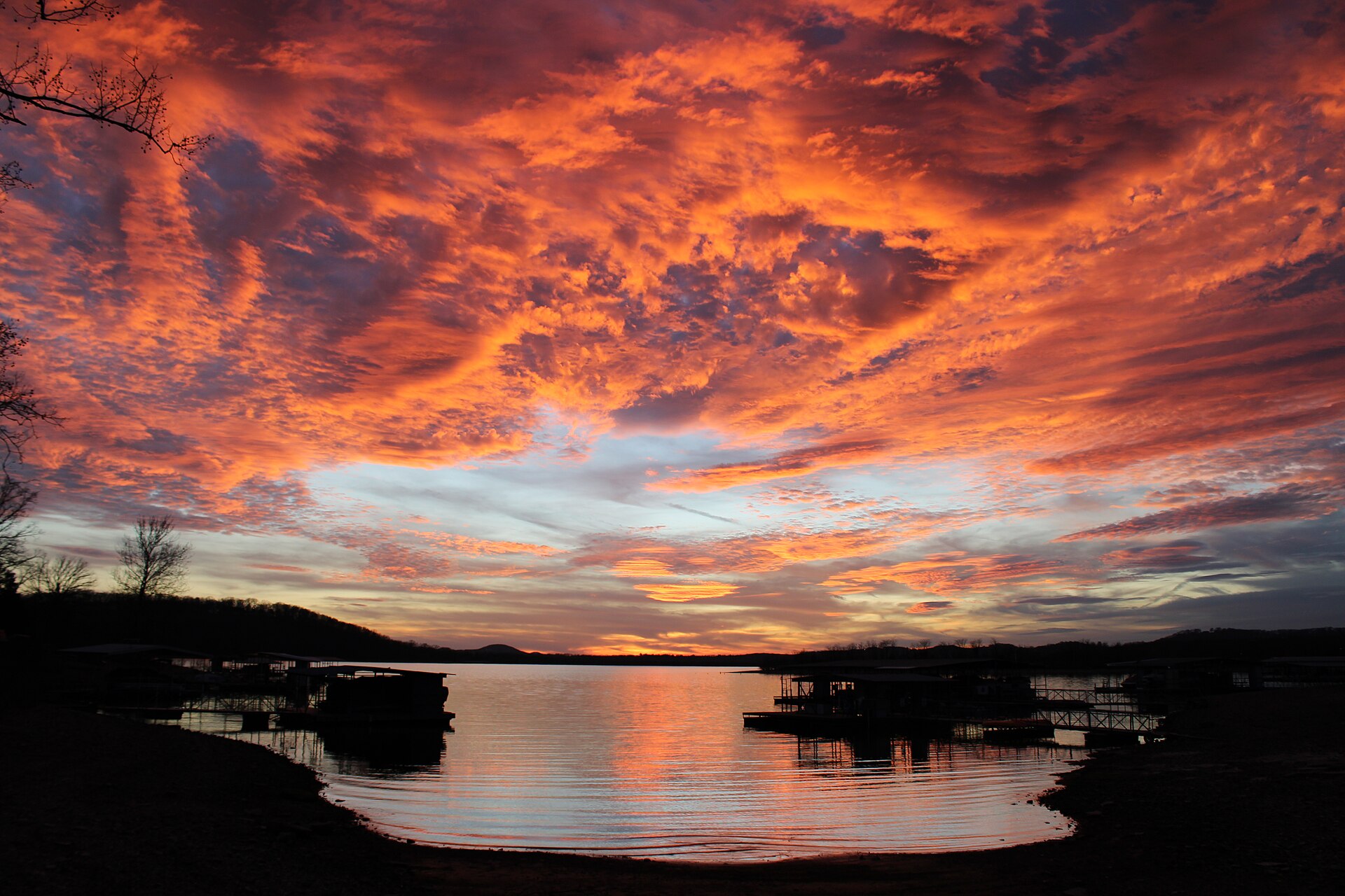 A warm sunset reflected across Table Rock Lake